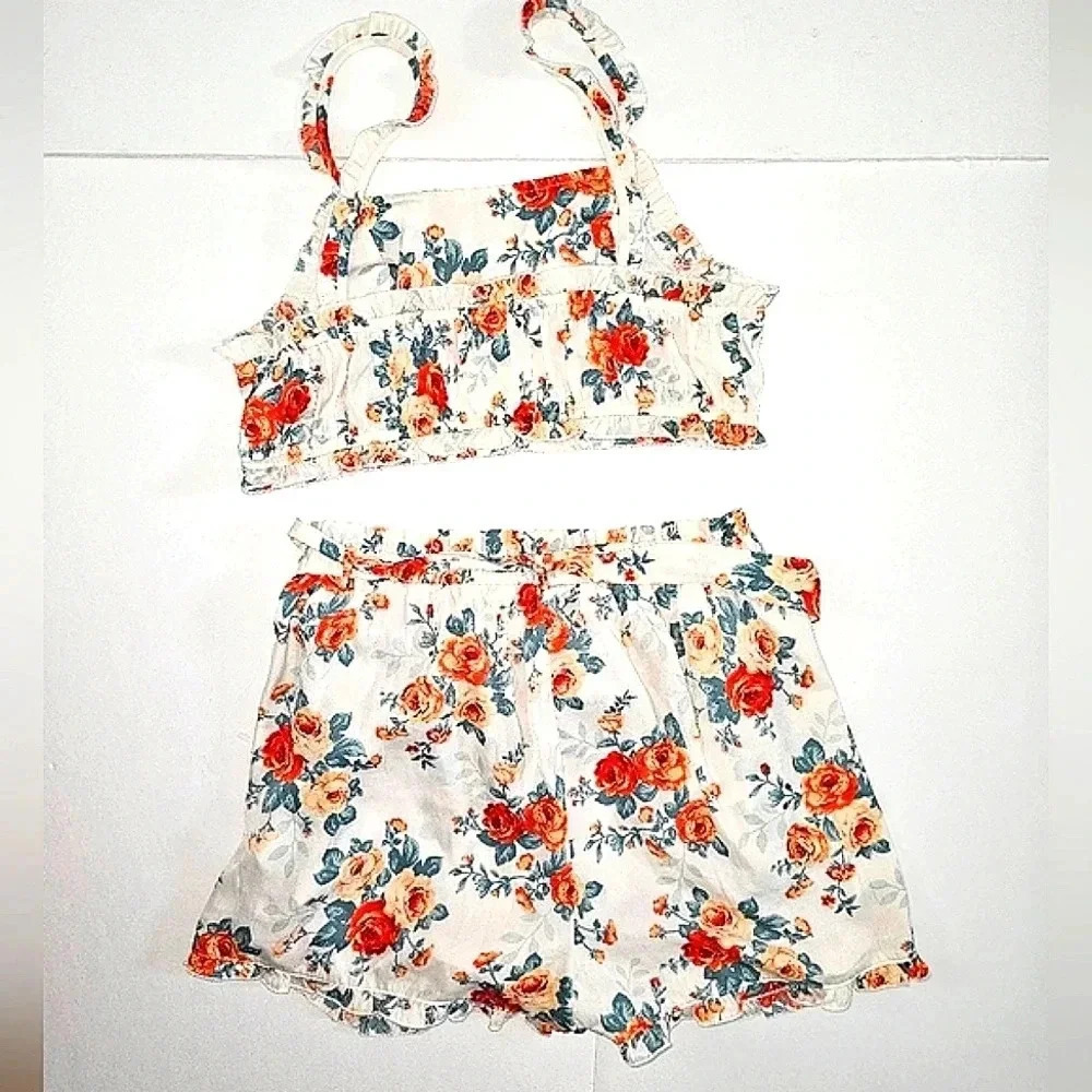 White Ruffle Floral 2 Piece Short Set